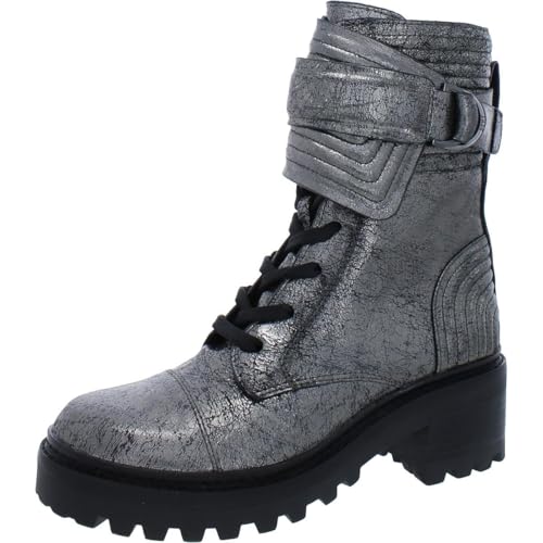 DKNY Womens Basia Leather Metallic Combat & Lace-up Boots