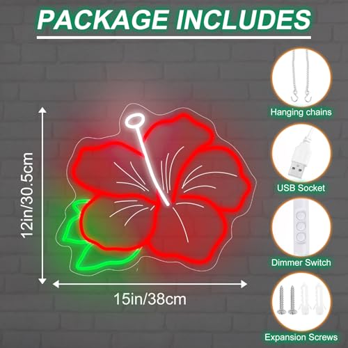 Image of Hibiscus Neon Sign Hibiscus Flower Neon Light Hawaii Floral Neon Light Tropical Flower Sign Home Wall Art Decoration, 15 inchx12 inch, Red