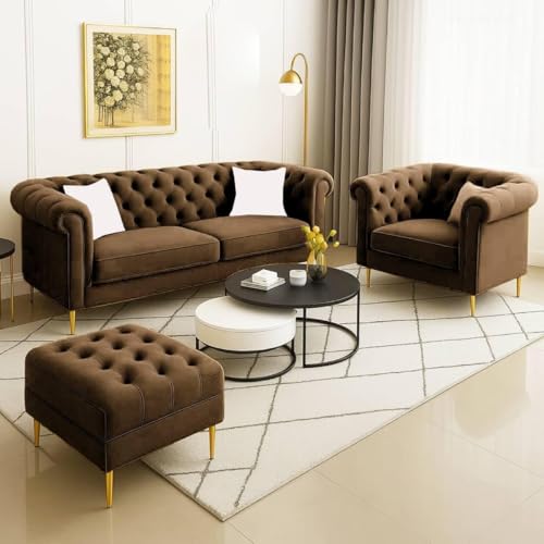 Image of Chesterfield Velvet Upholstery 3-Seater with Armchair and Footrest, Design in 3+1+Footrest Sofa for Living Room, Bedroom, Hallways (Brown)