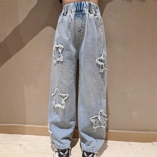 Girls Jeans Straight Leg Star Baggy Denim Pants Elastic High Waist Trousers Kids Cute Trendy Y2k Streetwear with Pockets2