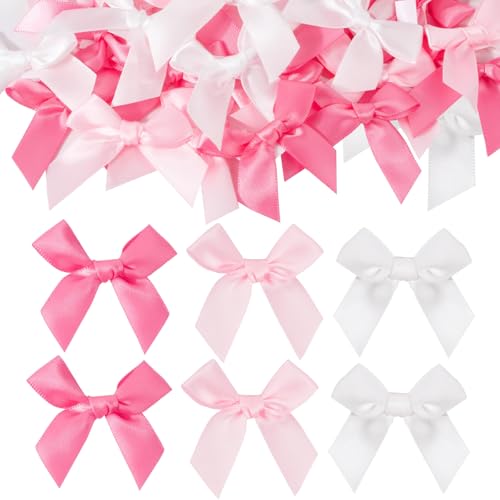 GmwyCzV 90 Pièces Mini Noeuds en Ruban de Satin, 5X5 cm auto-adhésif Nœuds Décoratifs, Blanc, Rose Clair, Rose Nœud Cadeau, Noeuds en Satin Pour...