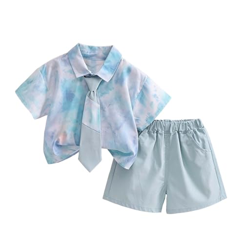 Boys Shirt and Shorts Set, Print Short Sleeve Button Up Outfit, Cute Summer Vacation Clothes for Toddlers 2026(Blue,1 Years)
