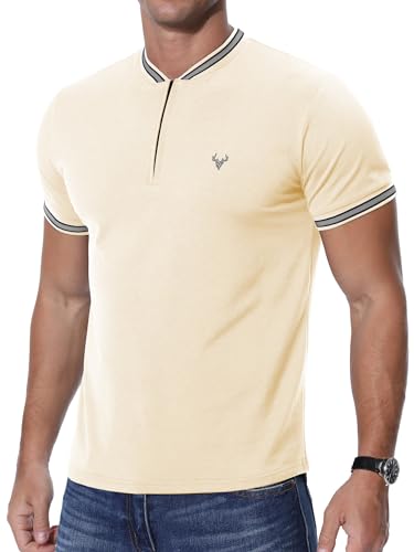 Image of KUYIGO Men's Elegant Muscle T-Shirt Cotton Shirt Zip Polo Shirt L Apricot