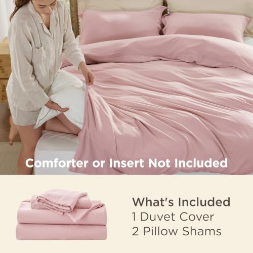Image of Bedsure Prewashed Duvet Cover Full, Cotton-Like Soft Bedding Set, Pink | Ultra Soft, Relaxed Texture, 80 inchx90 inch Breathable Comfort, Hidden Zipper, 8 Corner Ties, Easy Care, OEKO-TEX, Year-Round Use