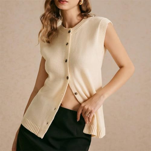 Image of Women Button Down Knit Sweater Vest Casual Loose Fit Crew Neck Sleeveless Button Front Knitted Sweater Cardigan