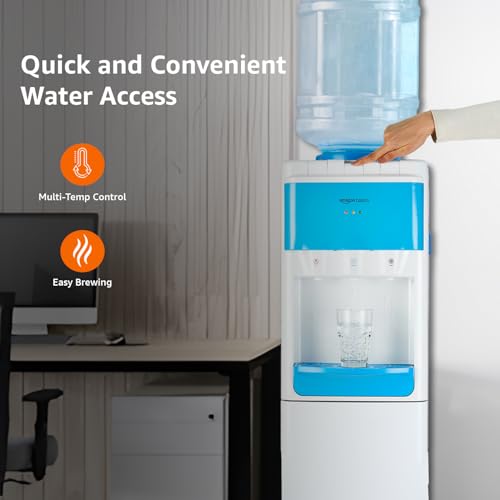 Image of Amazon Basics Hot and Cold Floor Standing Water Dispenser - Top Loading, 20 litres | White & Blue | Compact Design with Hot, Cold and Normal Temperature Settings