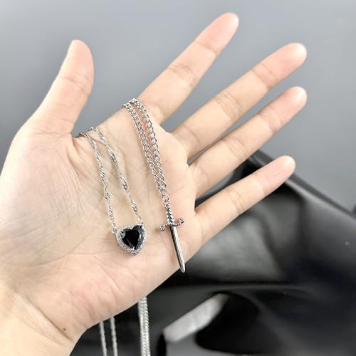 Personality Red Zircon Love Heart Dagger Pendant Necklace for Women Jewelry Gothic Sword Layered Necklace for Couple4