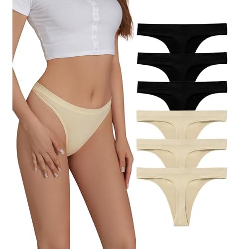 SHARICCA Seamless Thongs for Women Sexy Breathable No Show Thong Underwear Women Multiple Pack Medium (6 Pack) 3 Black 3 Beige