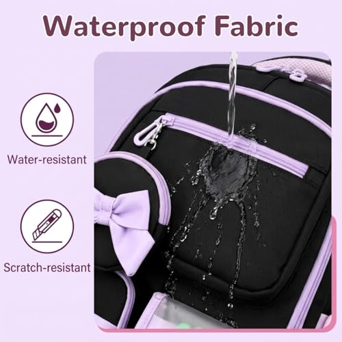 Image of PALAY School Trolley Bag for Girls Purple Black Oxford Cloth Rolling Backpack Cute Bow Waterproof Trolley Bags Multi-Compartments School Bag with Wheels for Elementary, Middle