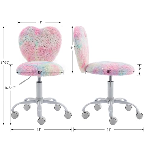Image of Kmax Kids Reading Chair, Rolling Cute Desk Chair for Girls Swivel Office Chair with Wheels & Heart Back Adjustable Childrens Vanity Chair for Bedroom Reading Room - Faux Fur, Colorful