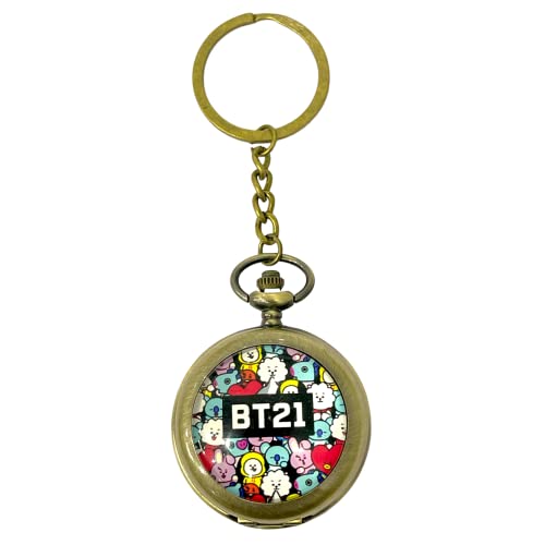 Image of AUGEN Premium Pocket Watch Metal Keychain BT21 Bangtan Boys BTS - 2 Retro Vintage for Gifting With Key Ring Anti-Rust (Pack Of 1)