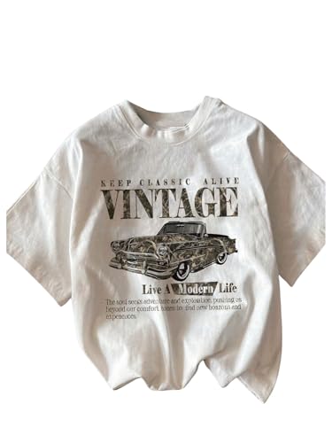 Image of RoseSeek Women's Graphic Letter Tee Crew Neck Drop Shoulder Trendy Summer T Shirt Short Sleeve Vintage Car Print Top
