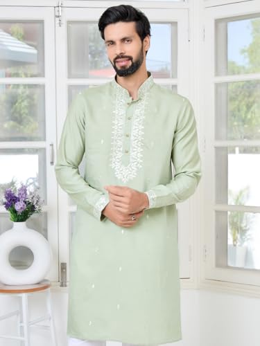 Image of See Designs Men's Full Sleeve Mandarin Collar Sequins Embroidered Chanderi Straight Long Kurta with Yoke Design - Festive Collection