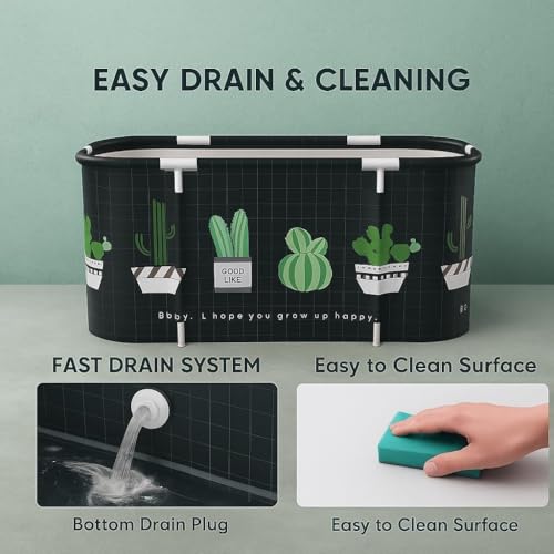 Image of Foldable Adult Bath Tub for Home Spa | Large Portable Bathtub with Backrest & Handle | Insulated Folding Tub for Hot & Cold Soak, Ice Bath, Bubble Bath & Relaxing Spa (Cactus)