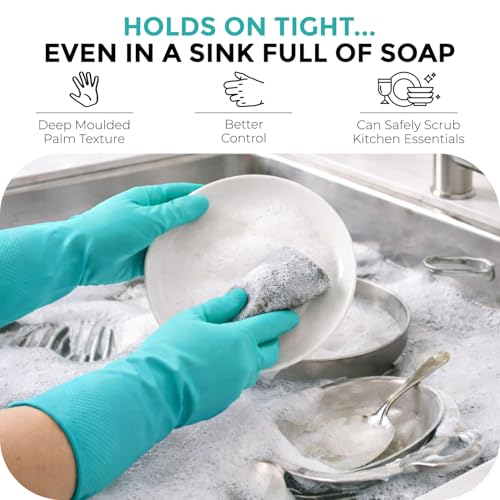 Image of LADWA Premium Rubber Cleaning Gloves, Green Color Reusable Waterproof Household Gloves for Kitchen Cleaning, Dishwashing, Gardening and Bathroom Use with Comfortable Fit (Pack of 2 Pairs)