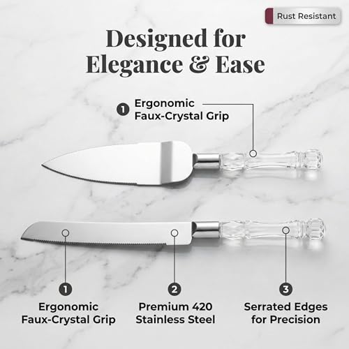 Homi styles White Elegant Cake Knife and Server Set, Cake Cutter and Pie Spatula, Cake Server and Knife Set of 2 with Thick Blades,Rustic Wedding Cake Cutting Set, Birthdays, Anniversaries,Parties - Thumbnail 6