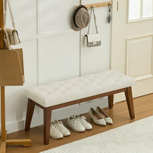 Image of WUTUTUEE 43.5'' Linen Bedroom Bench, Upholstered End of Bed Bench with Tufted Button, Padded Vintage Dining Bench, Entryway Bench with Solid Wood Legs, Kitchen, Living Room, Hallway, Beige Tufted