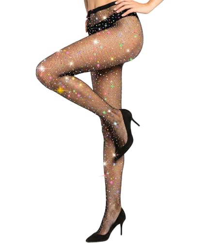 MEEZY Black Fishnet Stockings Colored Sparkly Tights for Adults, Shiny Tights High Elastic Glitter Stockings Pantyhose for Clubs Latin Birthday Music Festival Christmas Dress Halloween Cosplay