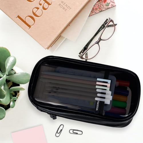 Image of Fmeida Clear Pencil Case - Upgraded 4 Compartment Pencil Pouch, Waterproof Adult Pencil Bag Aesthetic Marker Pouch Stationary Bag Office Organizer for Office Business Travel - Black PU&PVC