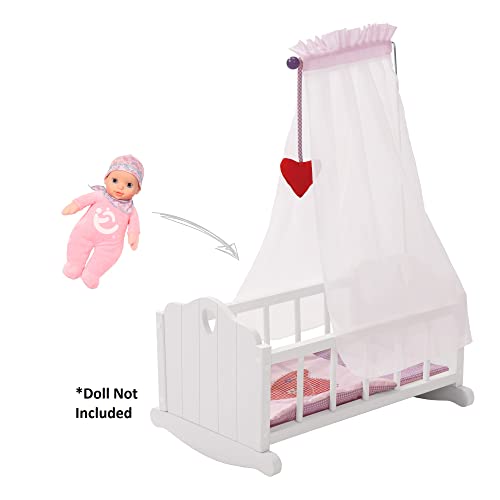 roba Puppenwiege aus Puppenmöbel Serie „Fienchen“, Puppenbett zum Wiegen inkl. textiler Ausstattung, Bettwäsche und Himmel, Puppenzubehör, weiß lackiert