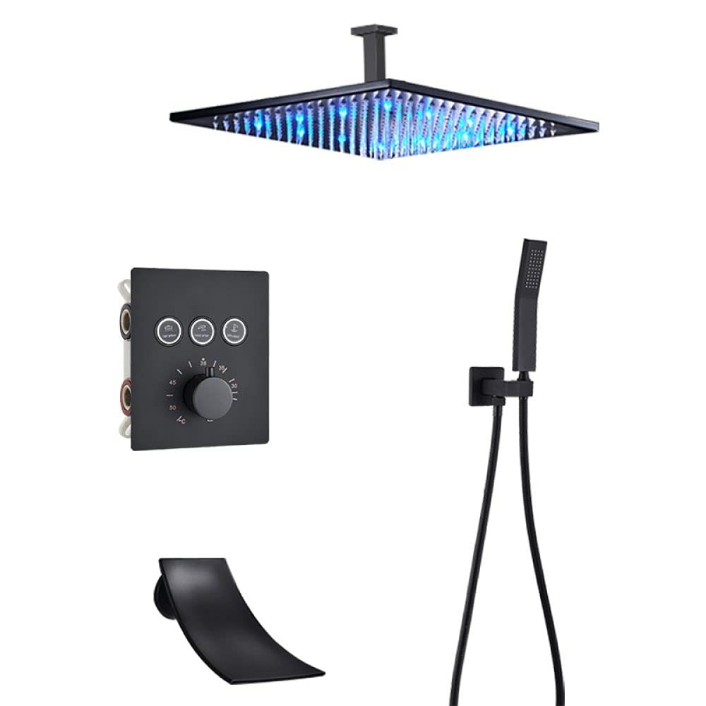 Luksusowa czarna bateria prysznicowa termostatyczna do łazienki deszczownica bateria ścienna do wanny zestaw prysznicowy ścienny B 3W 12" sufitowy,A-3w-16 cali sufitowy