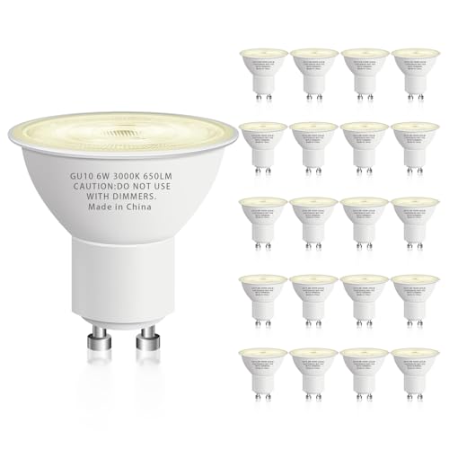 Image of GU10 Led Bulb 6W Equivalent 50W, MR16 Led Bulb 3000K Soft White Light Bulbs, 650 Lumens, Non-Dimmable, GU10 Base, 2 Prong Track Energy Saving Light Bulbs for Kitchen, Living Room, Bedroom, 20 Pack