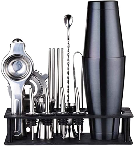 GeRRiT Kit de barman, juego de coctelera de 17 piezas, herramientas de barra de acero inoxidable con soporte, latas de coctelera de 25 oz, medidor, cuchara, vertedores, triturador, colador, pinzas, ta