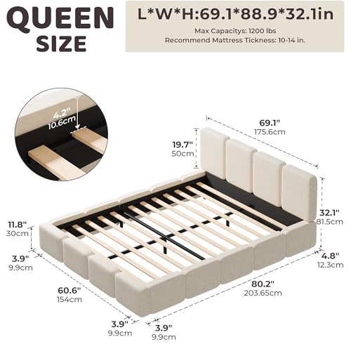Image of RECCI Cloud Queen Upholstered Platform Bed Frame, Low Profile Grounded Design with Plush Headboard & Footboard, Wood Slat Support, Noise-Free, No Box Spring Required, Beige