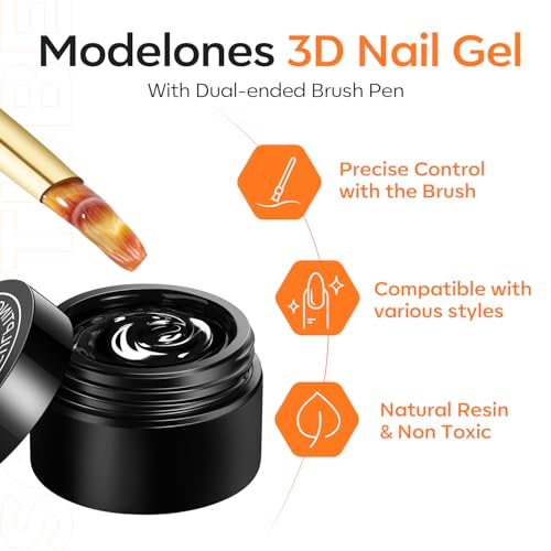 modelones 3D Nail Gel Kit, Gel Nail Art 3D Sculpting Gel with Nails Art Brushes for Chrome Powder for Nails and Rhinestones for DIY at Home & Salon, 9g No Wipe Needed