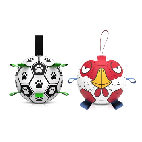 QDAN 2 Pack Dog Toys Soccer Balls with Straps for Small & Medium Dogs, Tug of War Toy