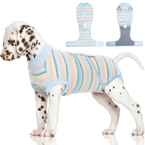 Image of FUAMEY Recovery Suit for Dogs After Surgery,Soft Breathable Dog Bodysuit E-Collar & Cone Alternative Surgical Suit,Male Female Dog Neuter Spay Suits Anti Licking Wounds Onesie Blue Yellow Stripes XS