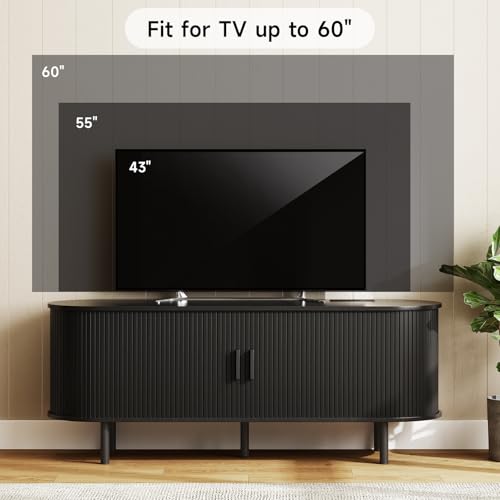 Image of ONBRILL 55 inch TV Stand with Power Outlet for TVs up to 60 Inch, Entertainment Center with Storage and Adjustable Shelves, Modern Media Console with Sliding Doors for Living Room, Black