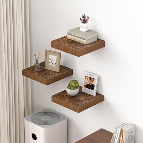 Image of Dreamland 12x12 Floating Shelves for Wall, 12 inch Deep Thicker Floating Shelves, Wall-Mounted Shelves for Bedroom, Living Room, Kitchen, Bathroom,Rustic Brown - Set of 3