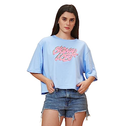 Image of Globus Women Blue Printed Round Neck Casual Boxy Fit T-shirt-3638180001