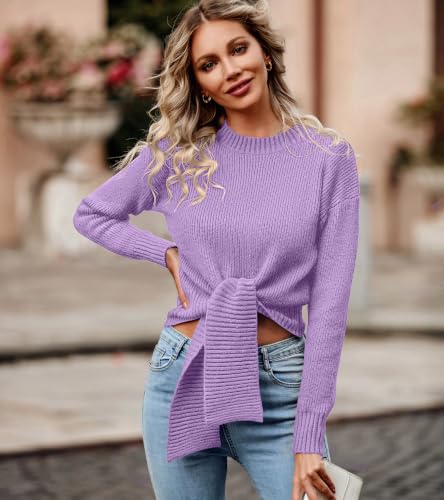 Okiwam Womens Sweater Long Sleeve Crew Neck Tie Front Crop Tops,Purple,L - image 4