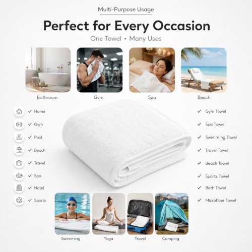 Image of Fezora Microfiber Bath Towel for Men & Women - Large Size 70x140 cm, 400 GSM, Ultra Soft, Quick Dry, Lightweight & Super Absorbent Towel for Bathroom, Gym, Spa, Travel & Swimming (White)