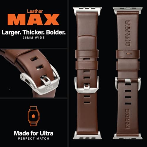 KORDIZ Modern Leather MAX Band for Apple Watch Ultra 3, Ultra 2 & Ultra (49mm) – Premium Full-Grain Leather Strap for Men, Rugged Modern Design, Stainless Steel Buckle, Comfortable Everyday Fit – 26mm Wide Leather Band (ULTRA Silver 49mm | Dark Brown) by KORDIZ - Used condition - Image 3