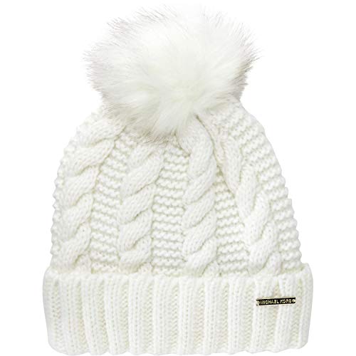 Michael Michael Kors Women`s Cable Knit Teddy Fleece Faux Fur Pom Pom Beanie Hat (Cream(538558C-151) Gold, One Size)