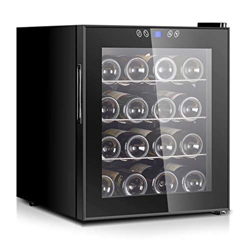 Design Mini Kompressor Weinkühlschrank, 16 Flaschen 4 Edelstahlböden LCD-Bildschirm Touch Panel Getränke-Kühlschrank mit Glastür 11-18°C
