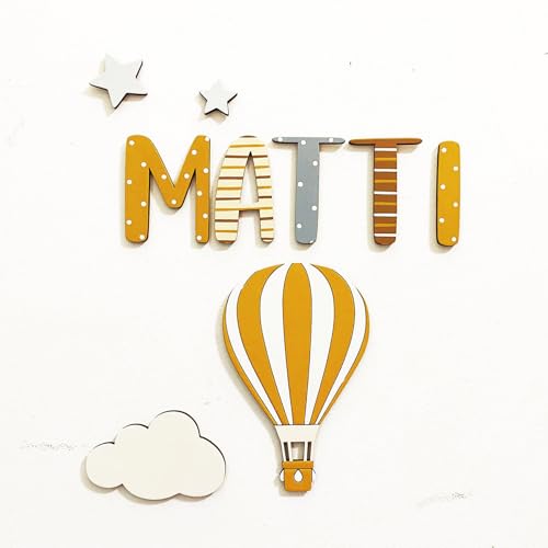 LinCognivant Lettres décoratives en bois personnalisées pour chambre de bébé et enfant, plaque nominative pour porte, cadeau personnalisé (montgolfière)