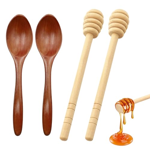 GIONAR 4PCS Cuillère à Miel, Cuillere Miel Bois, Contient 2 Cuillere Bois et 2 Mélangeurs à Miel, 15cm Cuillere Miel, Bois Naturel, Travail Soigné, pour...