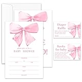 Jdgbo Pink Bow Baby Shower Invitations For Girl, Girl Baby Shower Party Invitations Gender Neutral, 25 Invitation Cards with Envelope Diaper Raffle Tickets Book Request Cards-002tz
