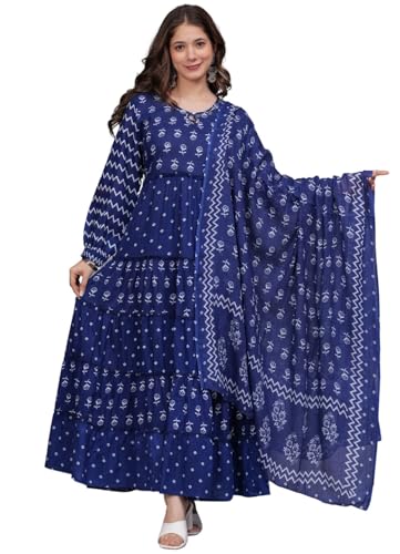 Image of Amayra Women's Pure Cotton Printed Anarkali Kurta Set with Palazzo Pants & Dupatta- Ethnic Wear