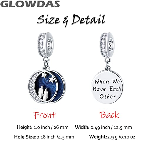 Couple Lover Under Night Sky Crescent Moon Stars Charms, fits Pandora Valentines Day Bracelet, Sterling Silver Blue Enamel Pendant Beads, Gifts for Wife/Couple3