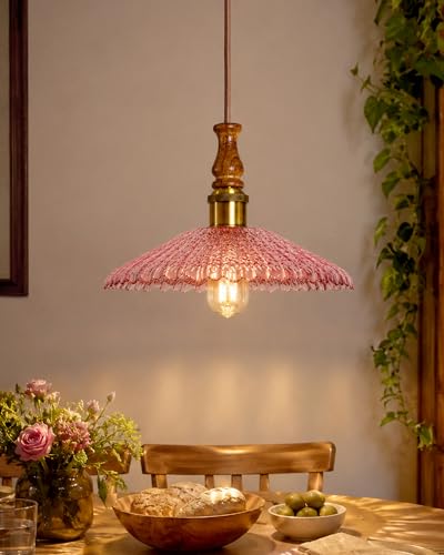 Image of Homesake Botanica Pendant Lamp | Petal Scalloped Glass Hanging Light with Solid Wood Top | Vintage European Ceiling Fixture, Pendant Light for Home Decor, Hallway, Kitchen & Balcony, (Ripple, Pink)