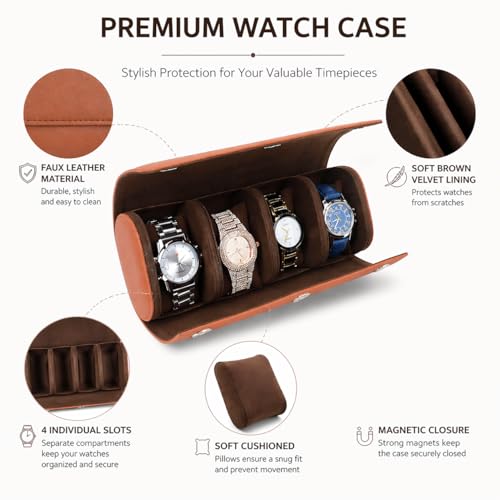 Image of essart Travel Watch Roll Case 4 Slots - Portable Luxury Watch Organizer & Storage Box for Men & Women