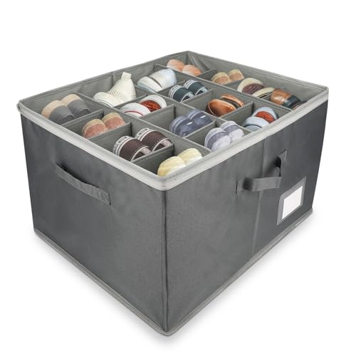 Cajas Para Zapatos, Cajas Almacenaje Zapatoscon 16 Compartimentos Ajustables, Organizador Zapatos Armario, Shoe Organizer Plegable con 2 Asas, Apta para 8-16 Pares, Gris