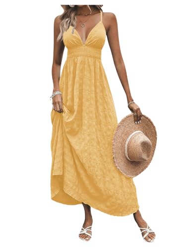 Image of Milumia Women's Summer V Neck Backless Maxi Dress Boho Spaghetti Strap A Line Flowy Beach Long Sundress