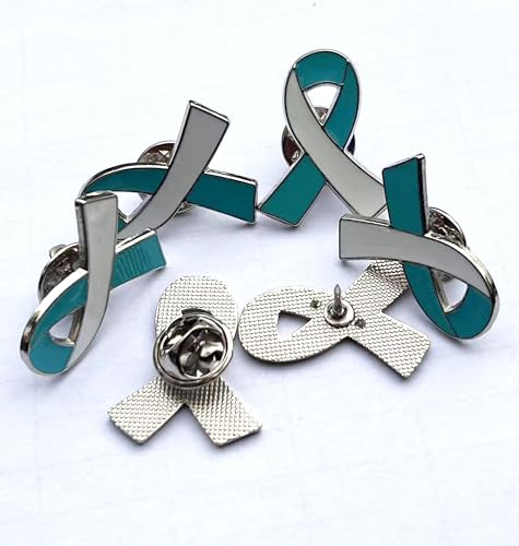 25/50/100/200 pieces Teal and White Ribbon pin Cervical Cancer Awareness lapel brooch Pins badge Charity fundraising bulk3