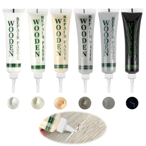 Wood Furniture Repair Kit, 6Pcs Laminate Floor Repair Kit, White, Black, Lvory, Maple Wood, French Grey, Light Grey, Wood Putty Oak, Touch Up Filler for Scratches Cracks Holes Stains